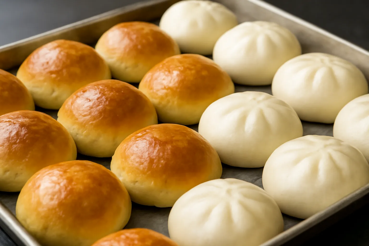 Ổ bánh mì ngọt vàng nâu và bánh bao trắng trên khay