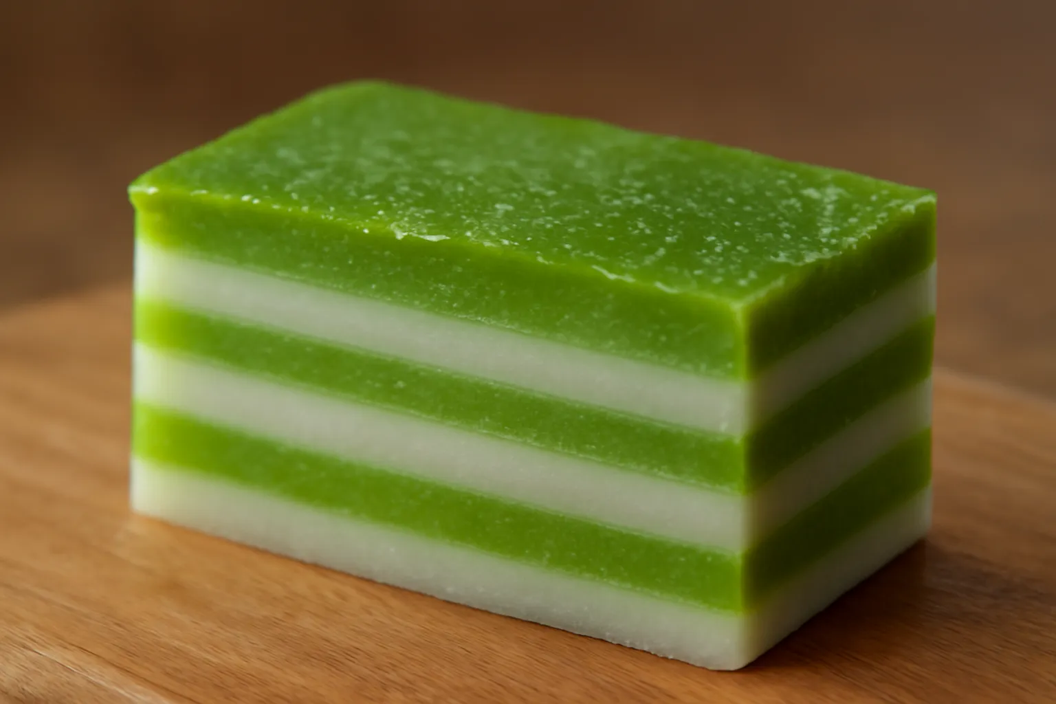 Miếng bánh da lợn nhiều lớp xanh trắng cắt ra