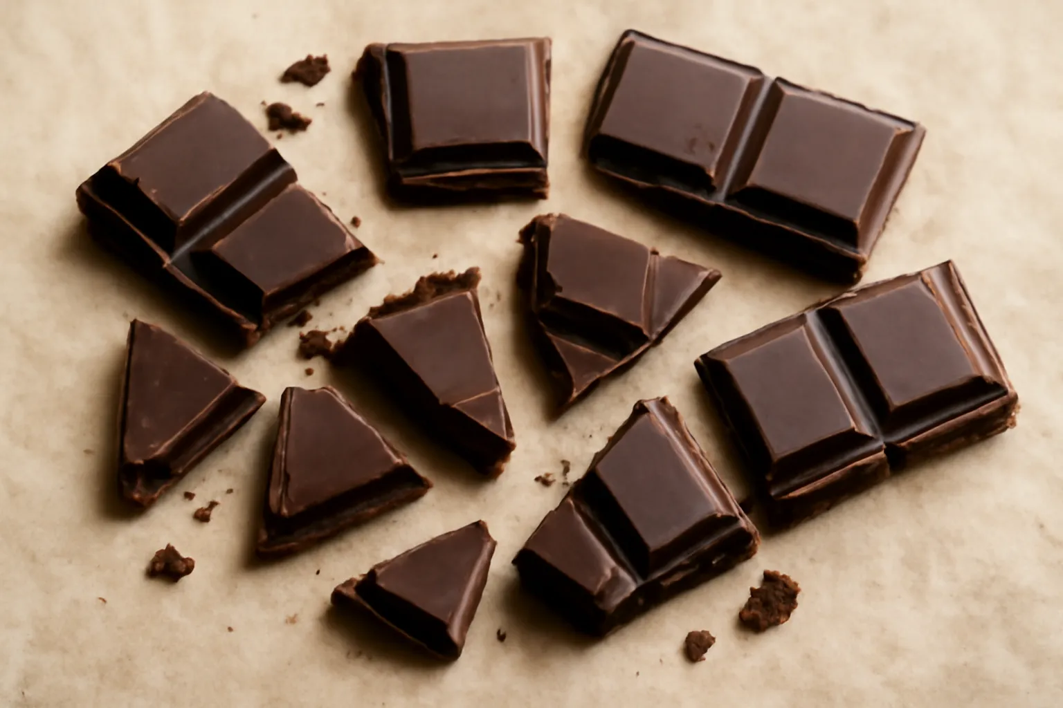 Các thanh chocolate đen bẻ đôi bày trên giấy