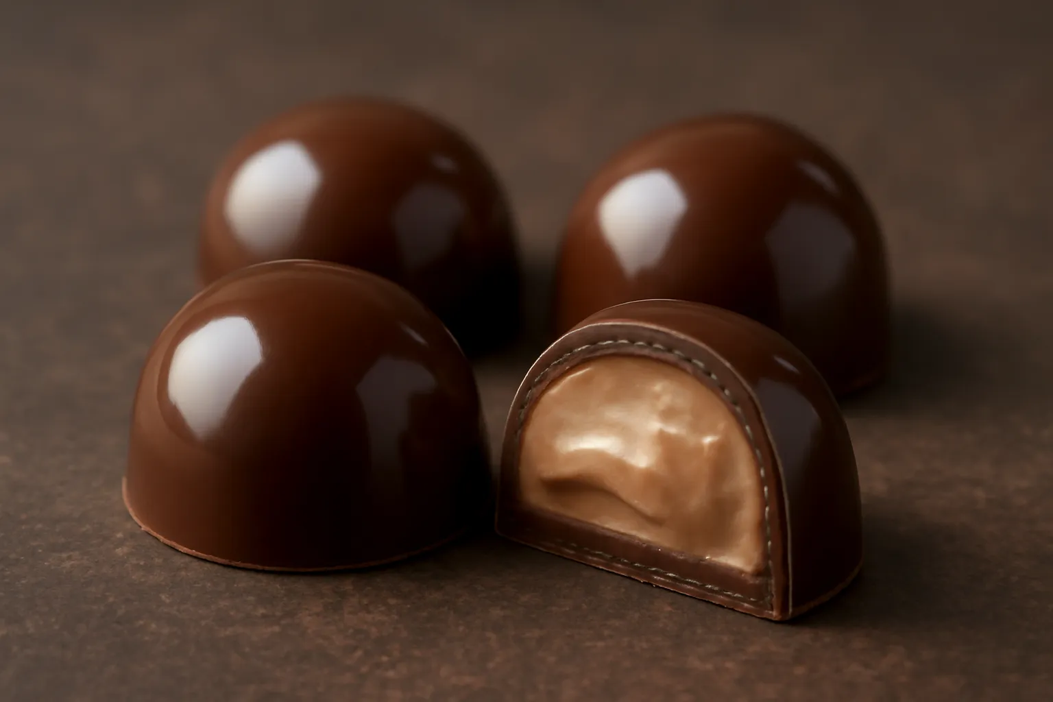 Những viên kẹo chocolate bóng cắt đôi thấy nhân bên trong