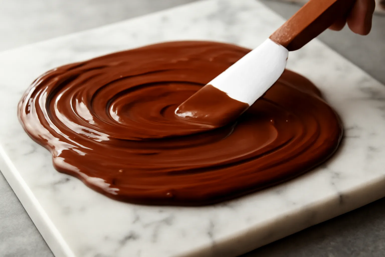 Chocolate đang được temper trên mặt đá bằng spatula