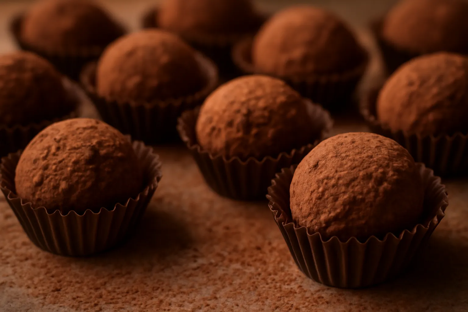 Viên truffle chocolate lăn bột ca cao xếp trong khay giấy