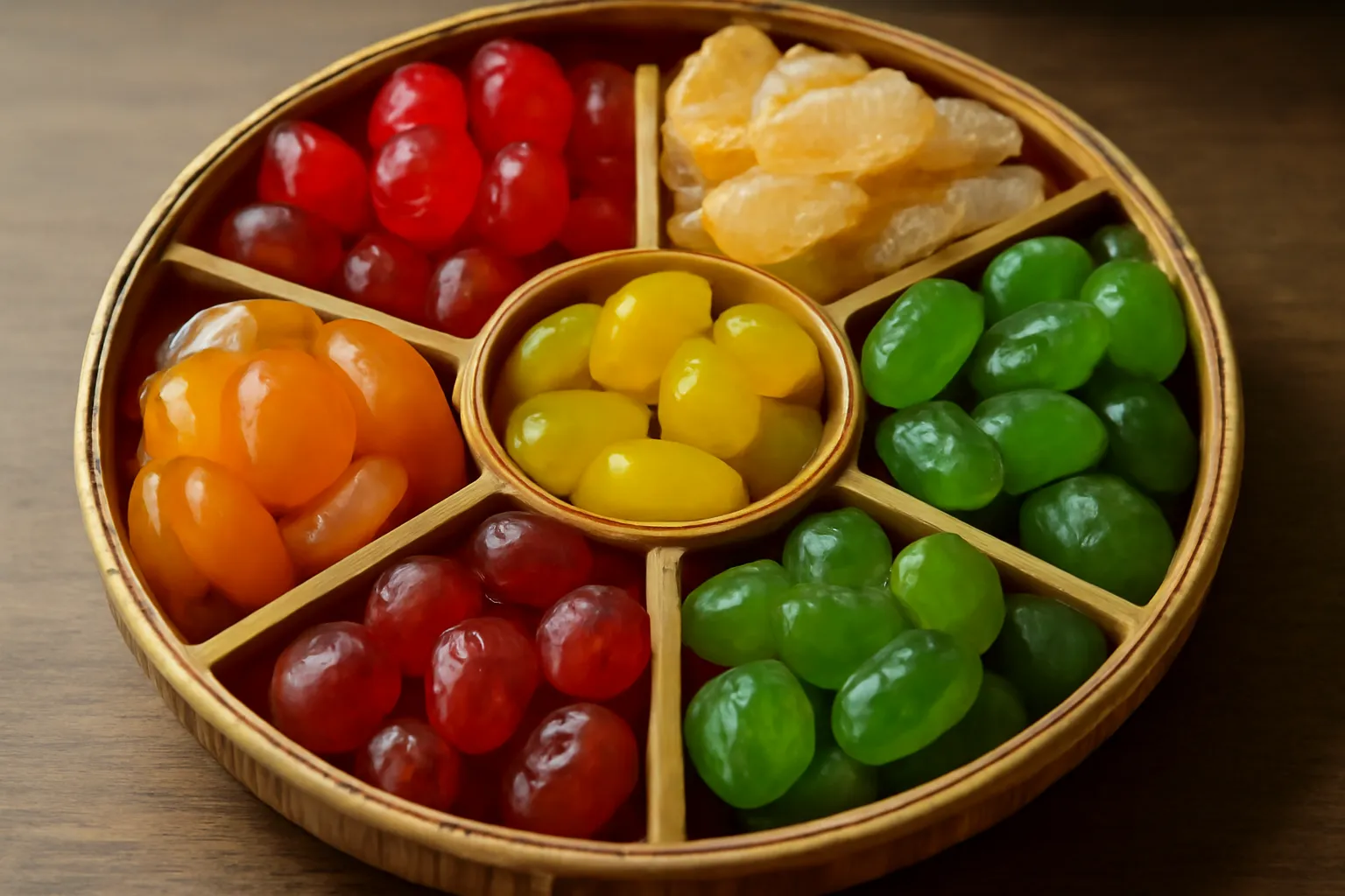 Khay mứt Tết nhiều ngăn với các loại mứt nhiều màu